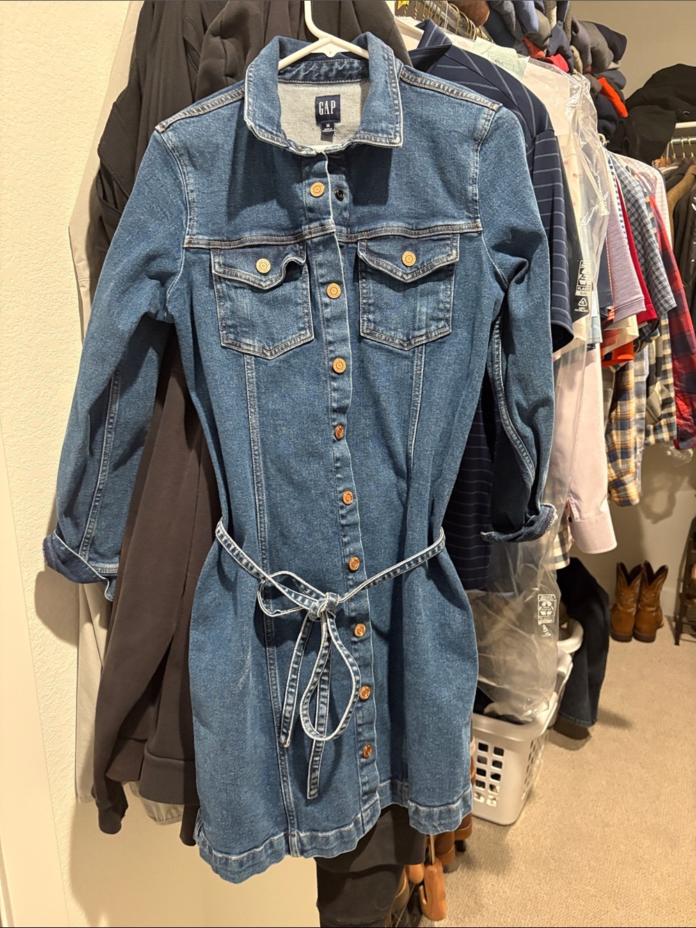 GAP Blue Denim Button-Front Shirt Dress with Tie Waist